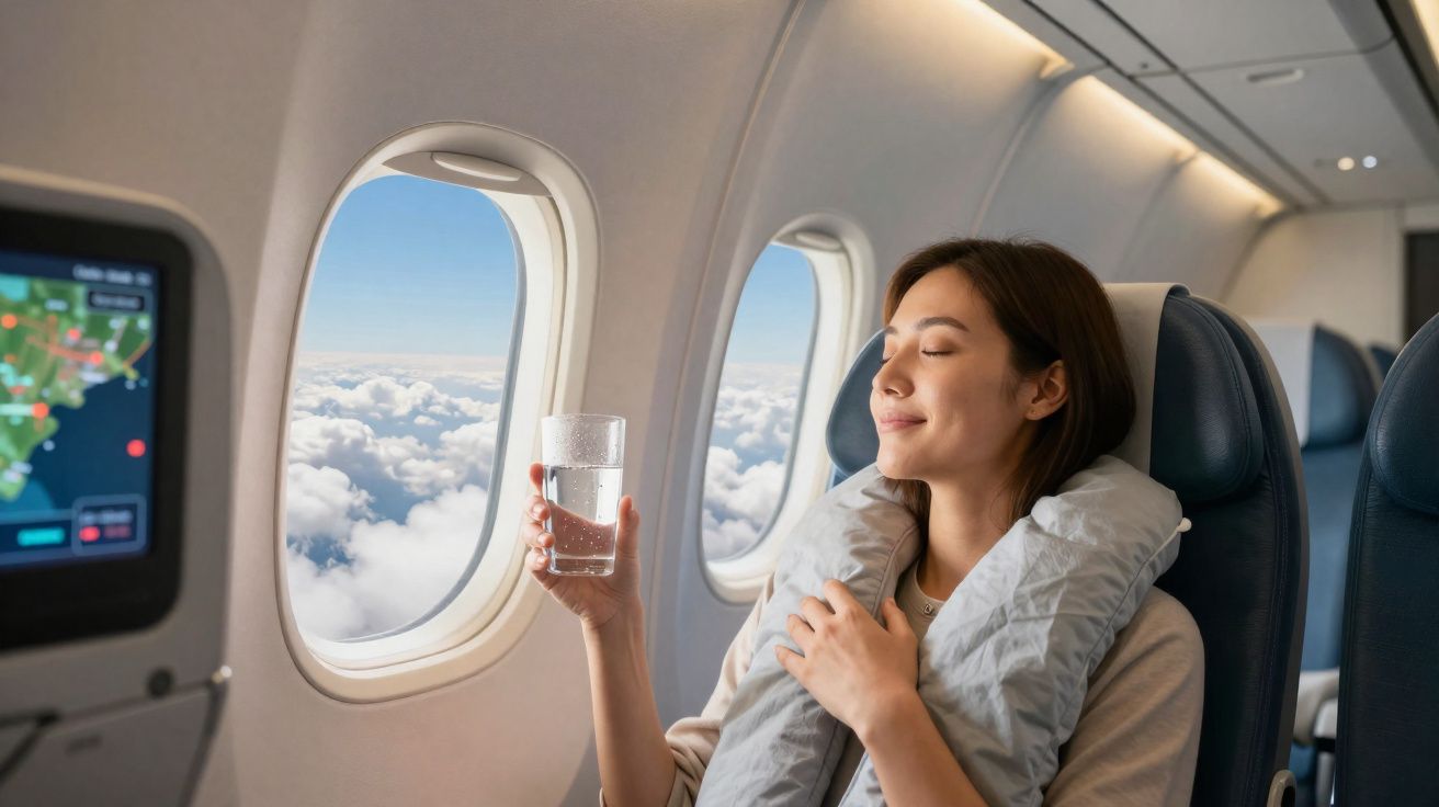 Mulher sentada no avião com almofada de pescoço, segurando um copo de água e olhando pela janela.