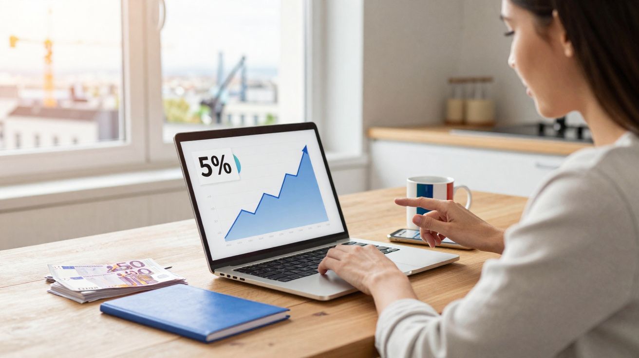 Mulher a analisar gráfico de crescimento de 5% num computador portátil numa mesa com caderno e dinheiro.