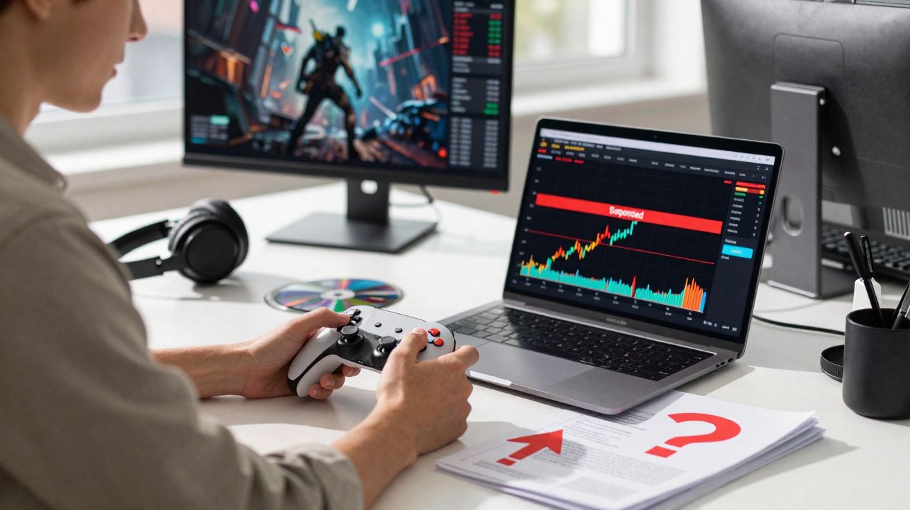 Pessoa a usar comando de videojogo com computador portátil a mostrar gráfico financeiro e monitor com jogo futurista.