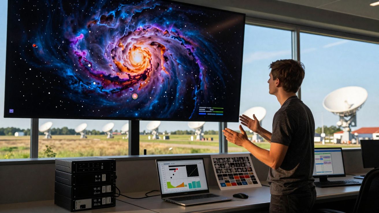 Homem em sala de controlo analisa imagem de galáxia num ecrã grande com antenas parabólicas ao fundo.