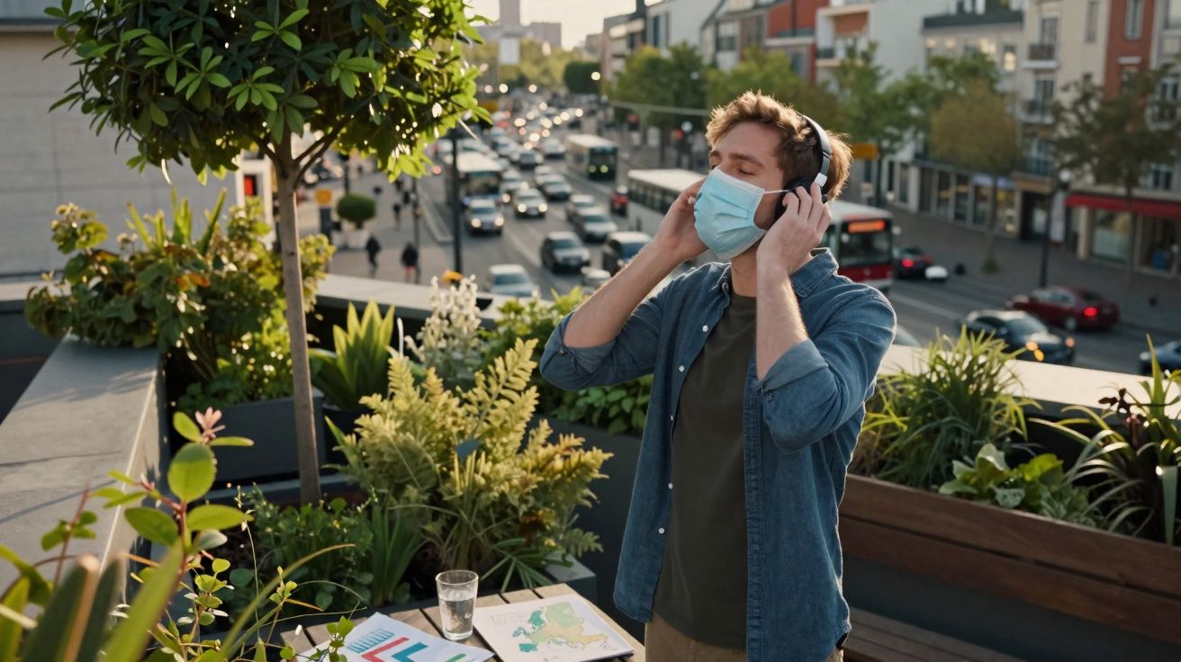 Homem com máscara a usar auscultadores numa varanda com trânsito e prédios ao fundo.