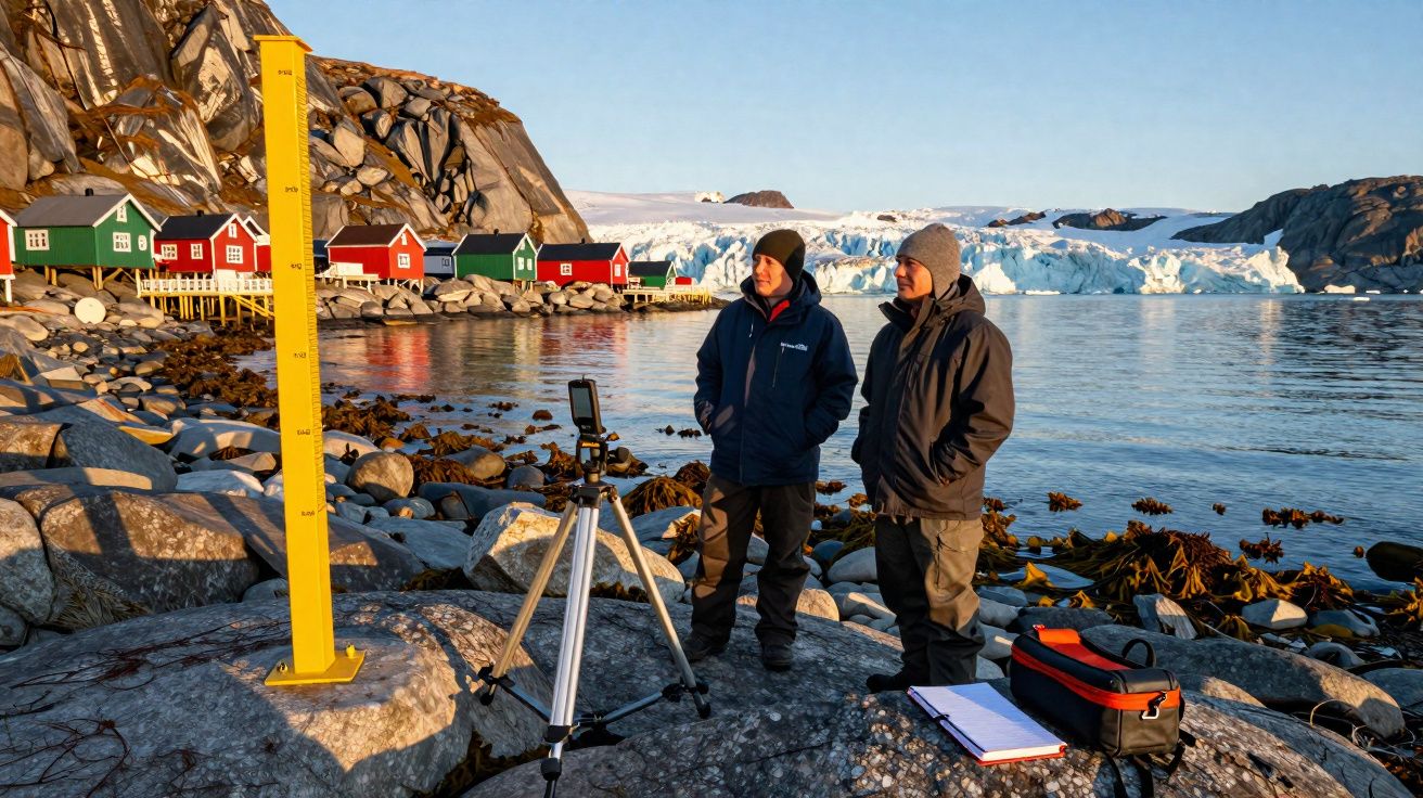 Duas pessoas com roupa quente junto a equipamento de medição junto a costa rochosa com casas coloridas e iceberg ao fundo.
