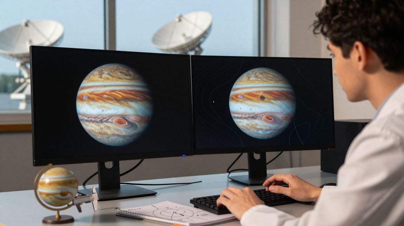 Homem a observar imagens do planeta Júpiter em dois ecrãs de computador num ambiente de trabalho científico.