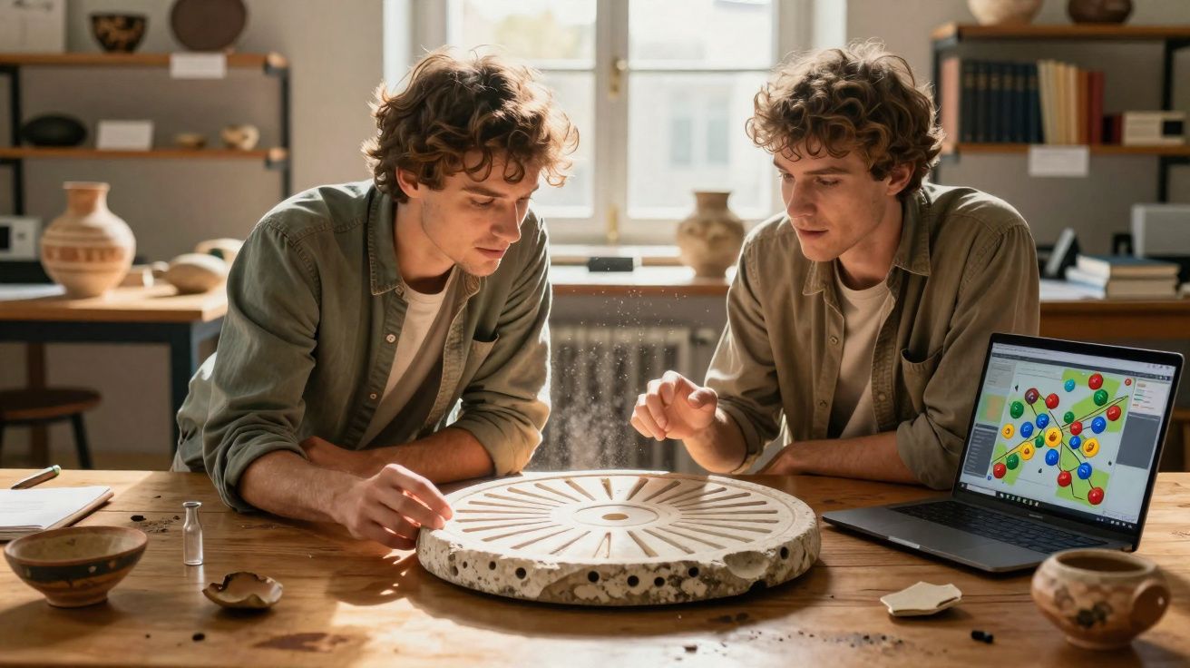 Dois jovens com camisolas verdes analisam um disco antigo enquanto jogam na mesa com um portátil ao lado.