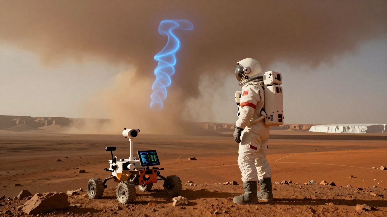 Astronauta e robô observam fenômeno azul em paisagem árida e avermelhada resembling Marte.