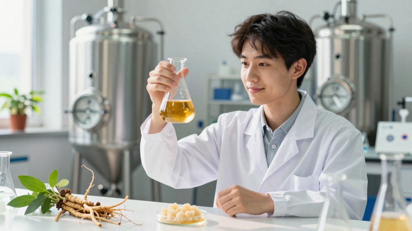 Homem de bata branca observa líquido amarelo em béquer num laboratório com plantas e raízes sobre a mesa.