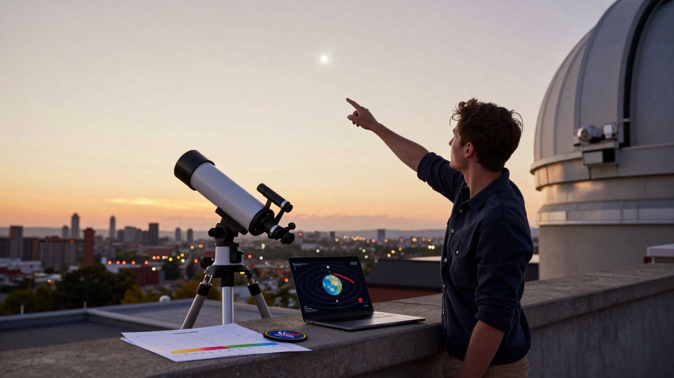 Homem a usar um telescópio num observatório ao pôr do sol, apontando para uma estrela no céu.