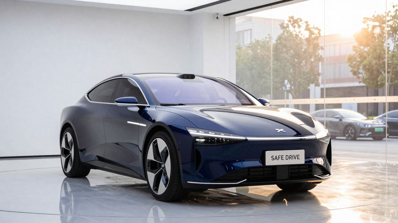 Carro desportivo elétrico azul escuro num espaço interior moderno com janelas grandes.