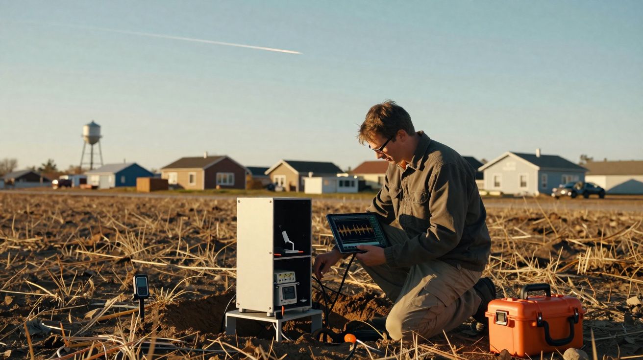 Homem com computador portátil a operar equipamento científico num campo seco junto a casas rurais.