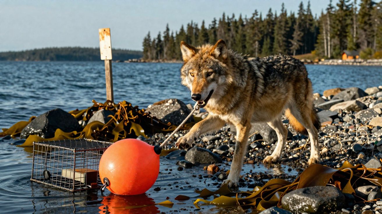 Lobo puxando uma boia laranja presa a uma armadilha na margem rochosa de um lago com árvores ao fundo.