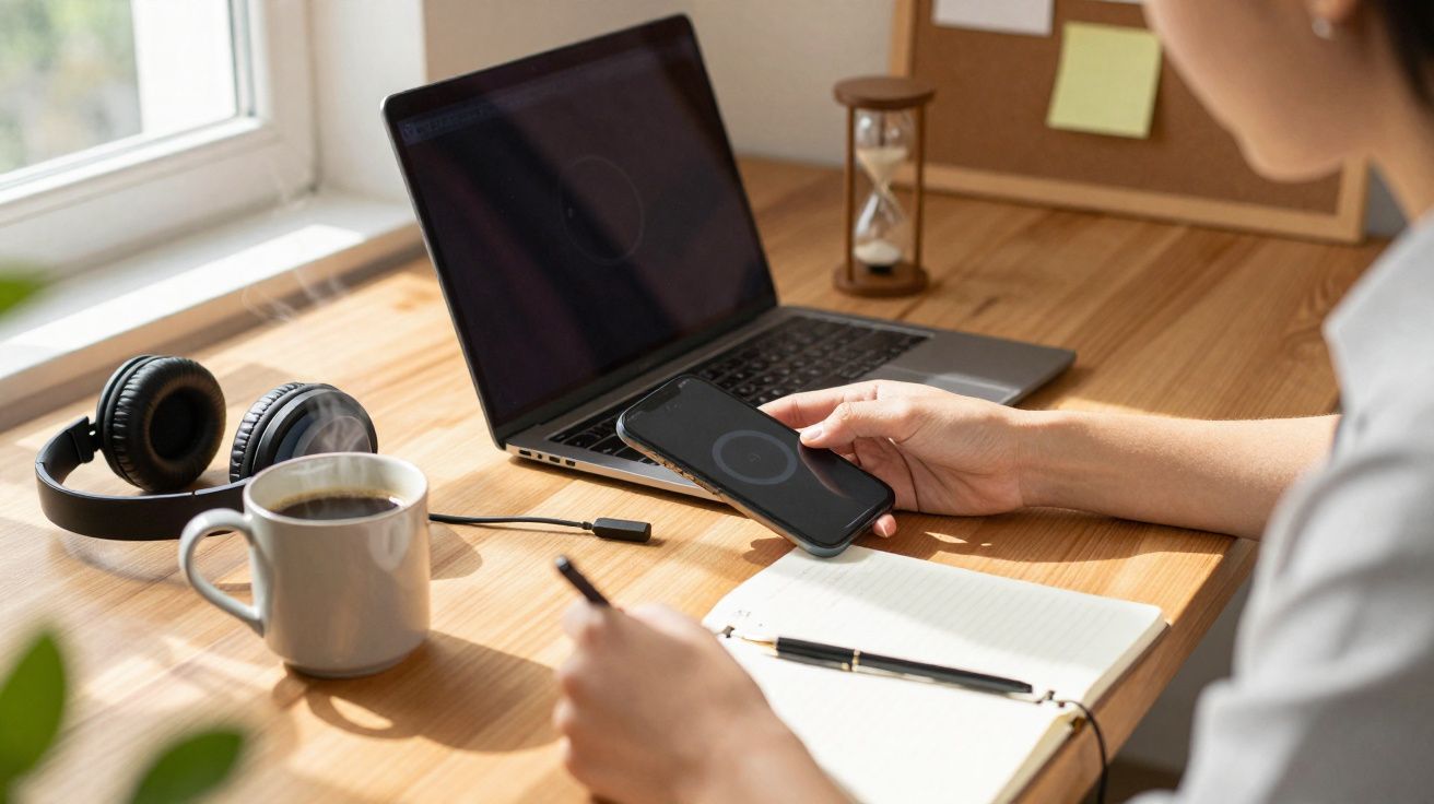 Pessoa a trabalhar num escritório em casa com computador portátil, telemóvel, auscultadores e caneca de café.