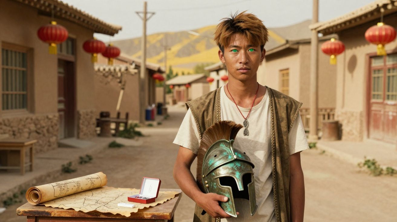 Jovem com olhos verdes segurando capacete antigo numa rua deserta com mapas e caixa aberta numa mesa.