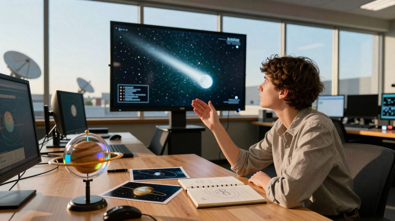 Pessoa a observar dados de cometa num ecrã numa sala com modelos e imagens do sistema solar.