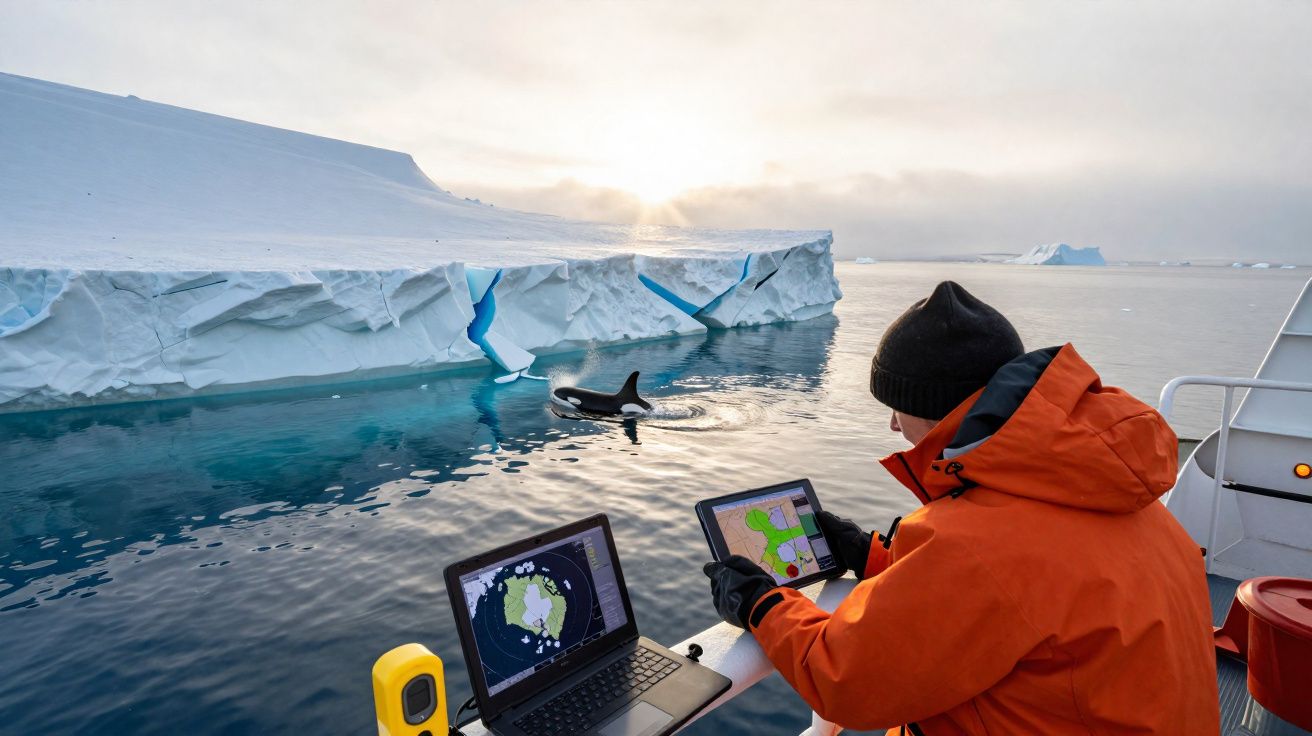 Homem com roupa de frio no convés de um barco perto de icebergue e orca numa zona polar.