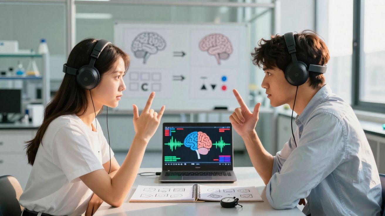 Dois jovens com auscultadores sentados à mesa a comunicar por sinais, com imagens de cérebro num computador e quadro.