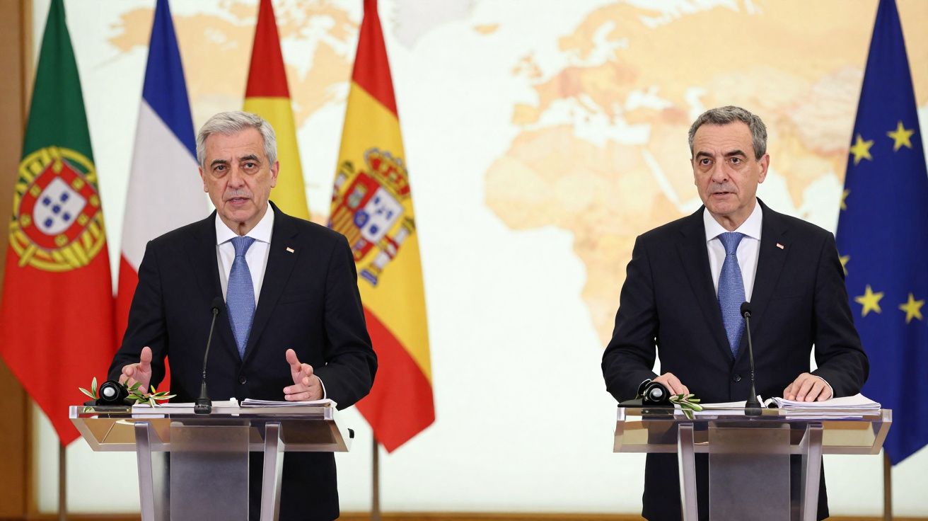 Dois homens de fato e gravata falam em púlpitos com bandeiras de Portugal, França, Espanha e União Europeia ao fundo.