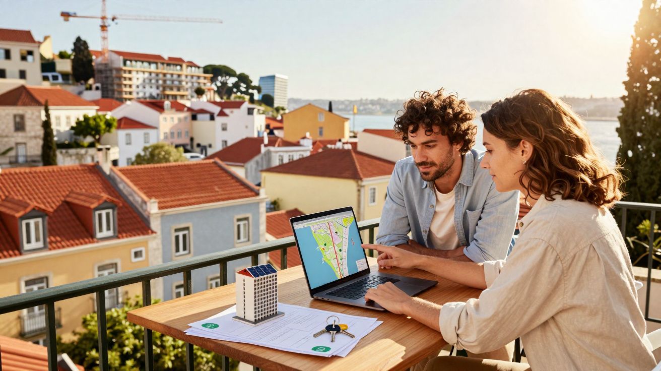 Casal consulta mapa num portátil numa varanda com vista para casas coloridas e rio ao pôr do sol.