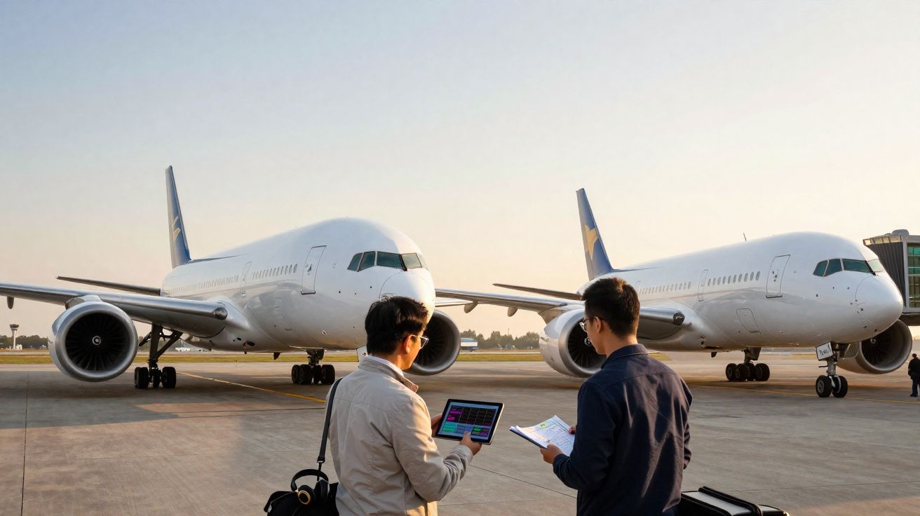 Dois homens com documentos e tablet em frente a dois aviões estacionados numa pista de aeroporto ao pôr do sol.