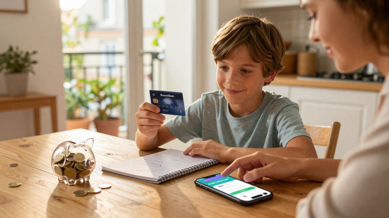 Criança segura cartão de crédito enquanto adulto usa telemóvel numa mesa com mealheiro e caderno.