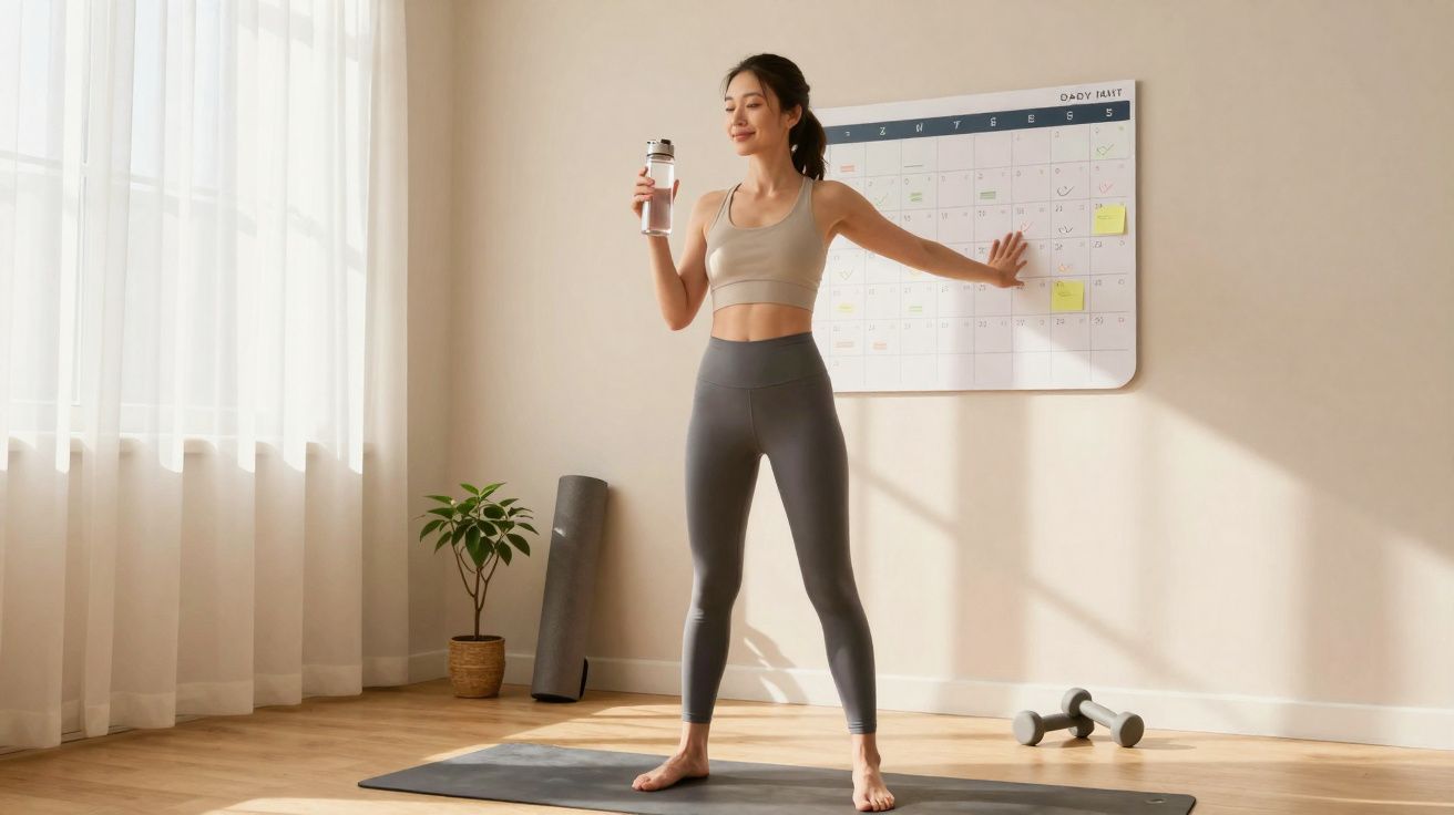 Mulher a fazer alongamento junto a calendário, com garrafa de água, num tapete de yoga numa sala iluminada.