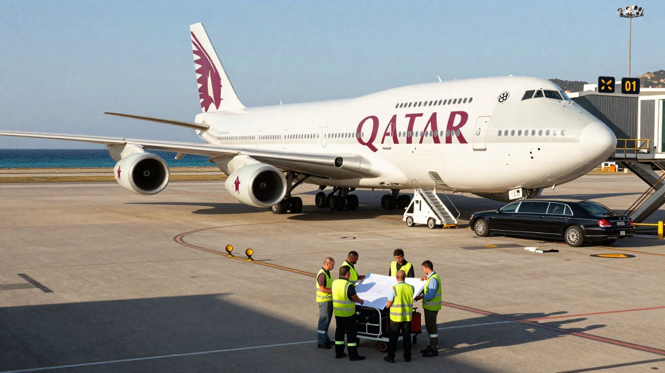 Avião da Qatar parado no aeroporto com cinco funcionários de colete refletor a analisar um plano.