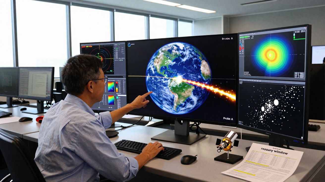 Homem num laboratório a analisar imagens de impacto na Terra em ecrãs de computador.