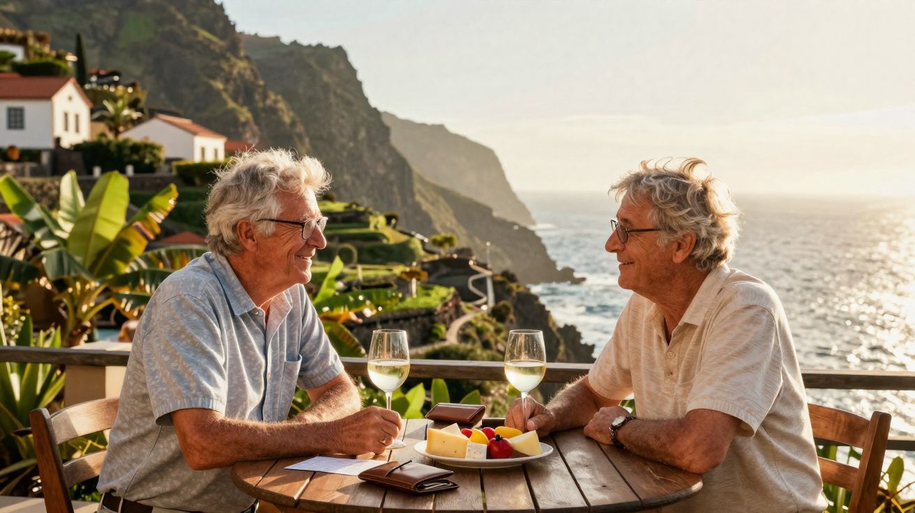 Dois homens idosos conversam ao final da tarde numa esplanada com vista para o mar e montanhas.