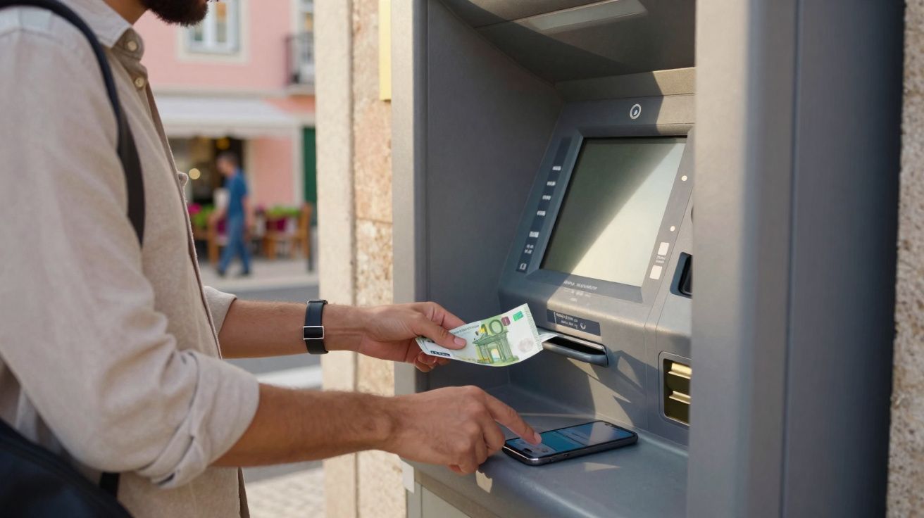 Pessoa a levantar 10 euros num multibanco com telemóvel pousado na máquina.