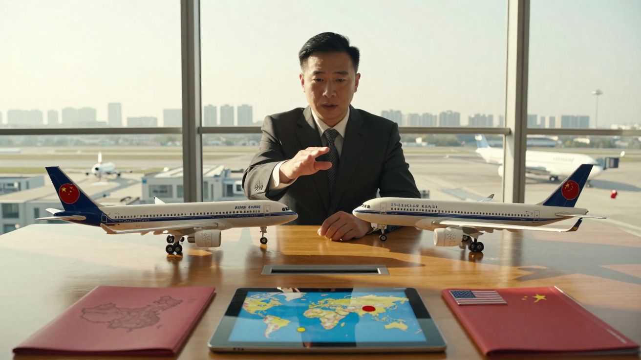 Homem de negócios numa mesa com modelos de aviões, mapas e documentos, com aeroporto ao fundo.