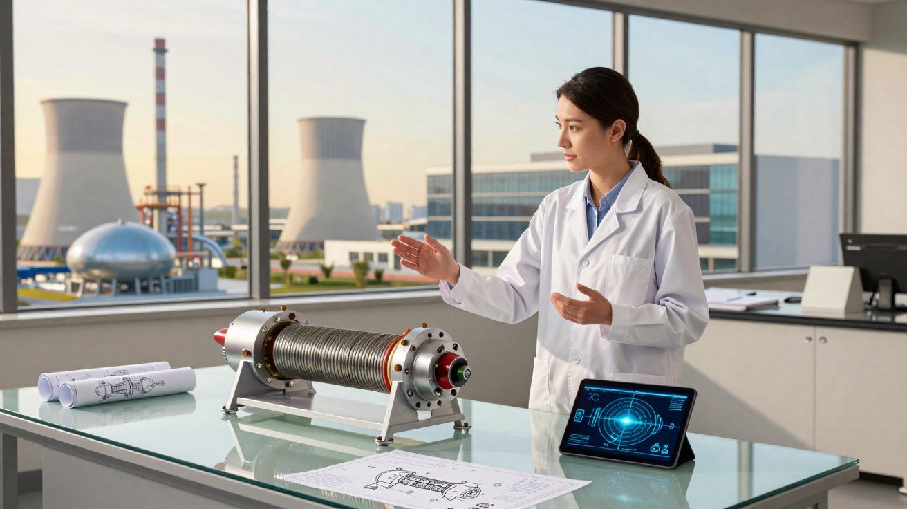 Engenheira a explicar modelo de equipamento industrial numa sala com vista para central elétrica.