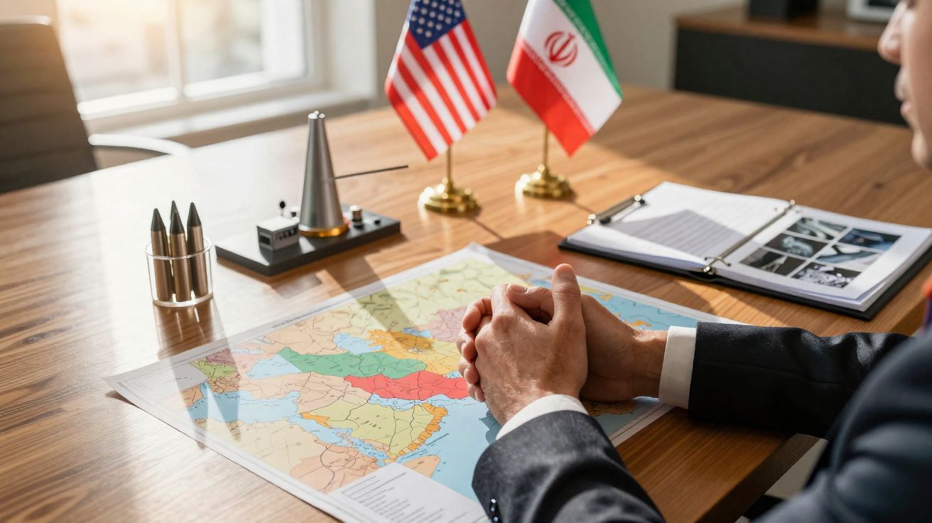Mãos cruzadas sobre mapa no escritório com bandeiras dos EUA e Irão numa mesa de madeira.