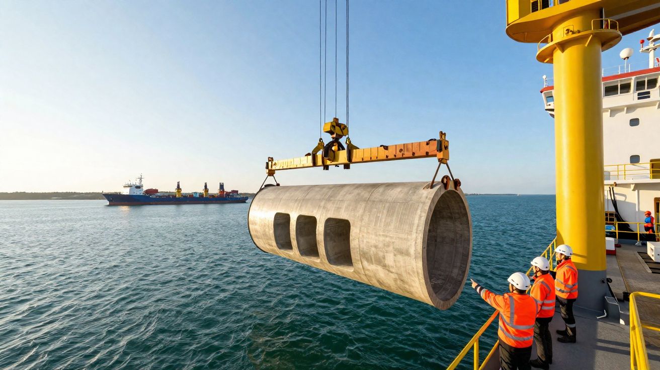 Três trabalhadores em coletes laranja monitorizam içamento de grande tubo em cima de navio no mar.