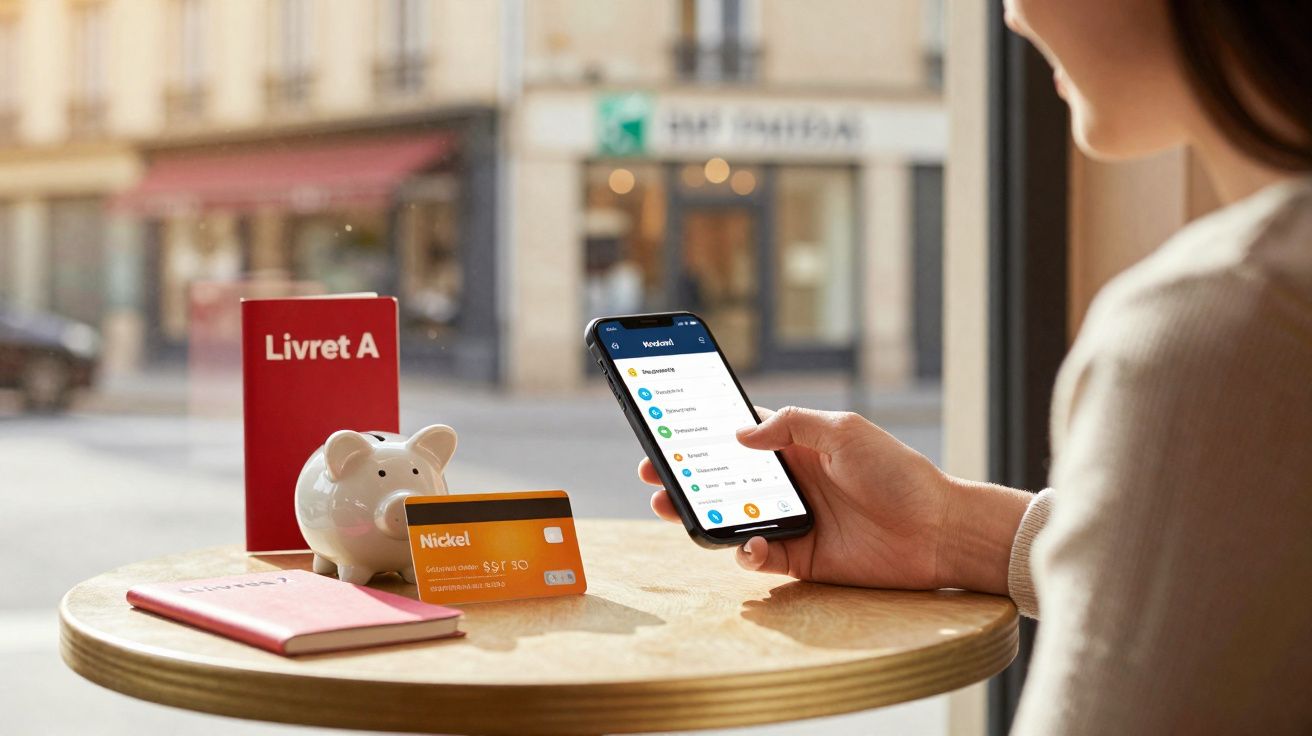 Pessoa a usar telemóvel com app financeira, perto de mealheiro, cartão Nickel e carteira vermelha numa mesa redonda.