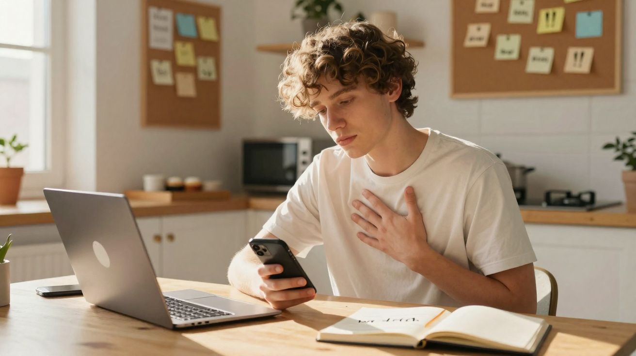 Jovem sentado numa mesa com laptop aberto, telefone na mão e caderno, expressa surpresa ou preocupação.