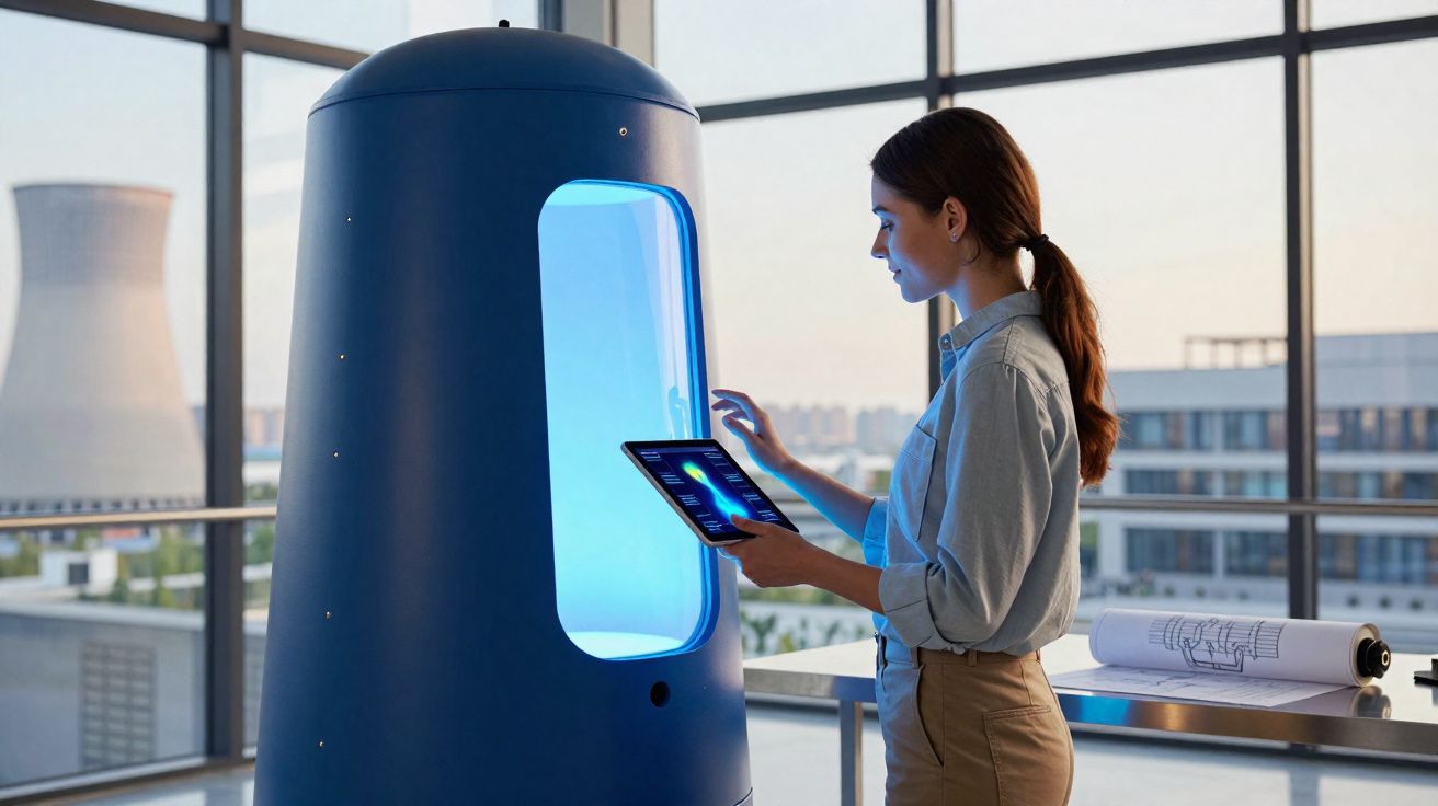 Mulher a usar tablet a interagir com dispositivo tecnológico azul ao lado de janelas amplas.