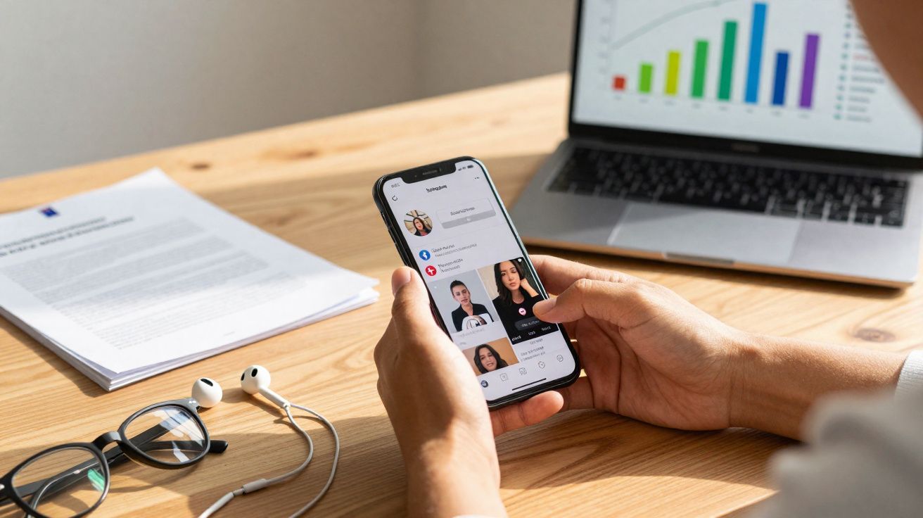 Pessoa segura telemóvel a ver perfil de vídeo chamada, com portátil, óculos e auscultadores sobre a mesa de madeira.