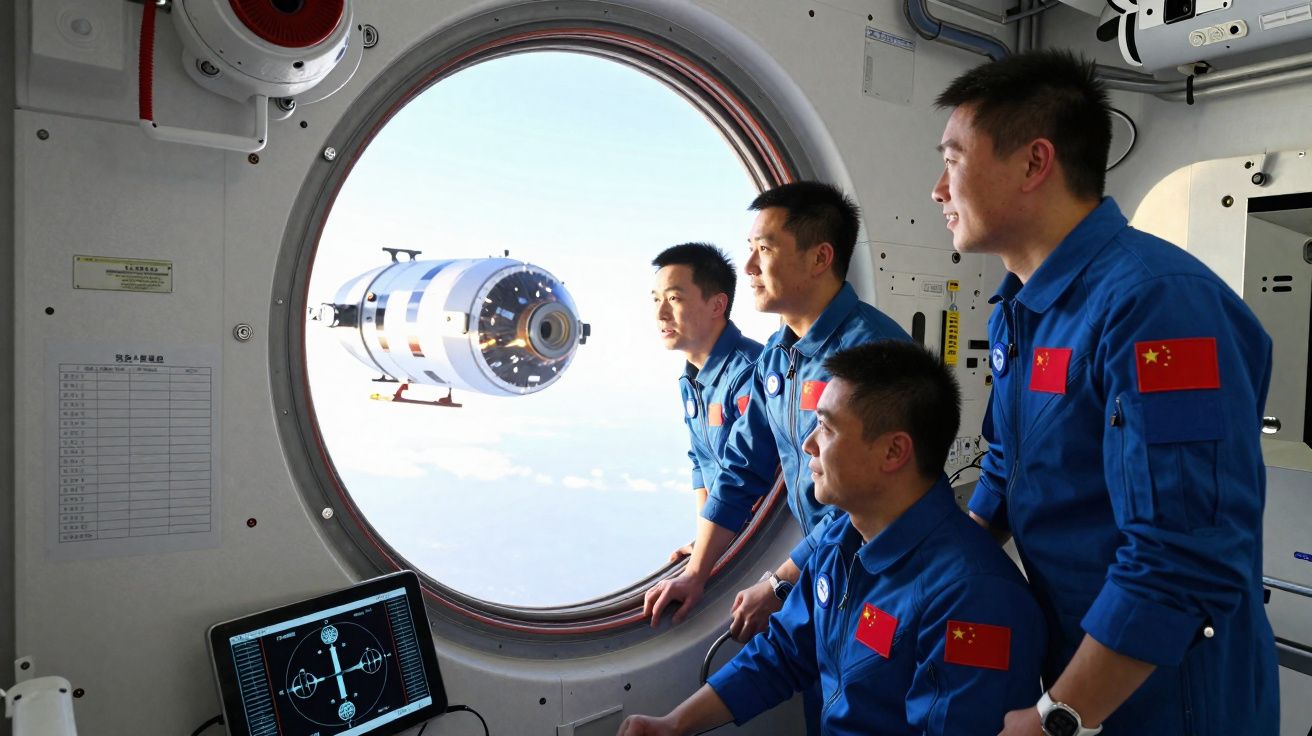 Quatro astronautas chineses observam módulo espacial através de janela circular dentro de nave espacial.