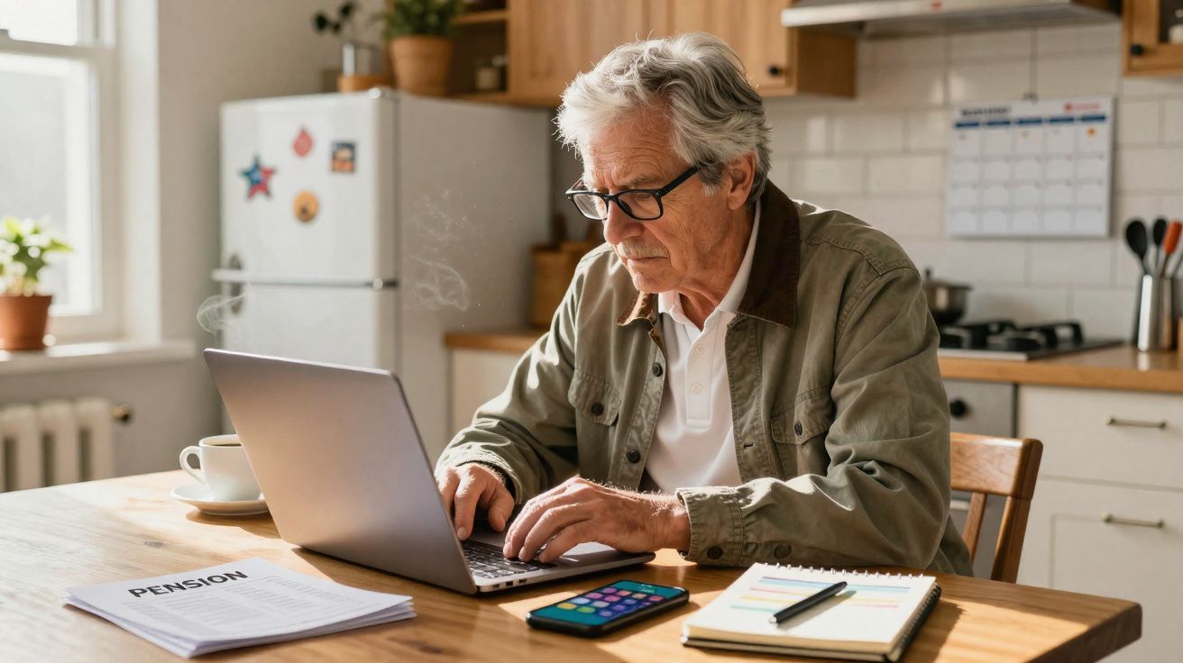 Homem idoso a trabalhar no portátil numa cozinha, com documentos de pensão e caderno na mesa.