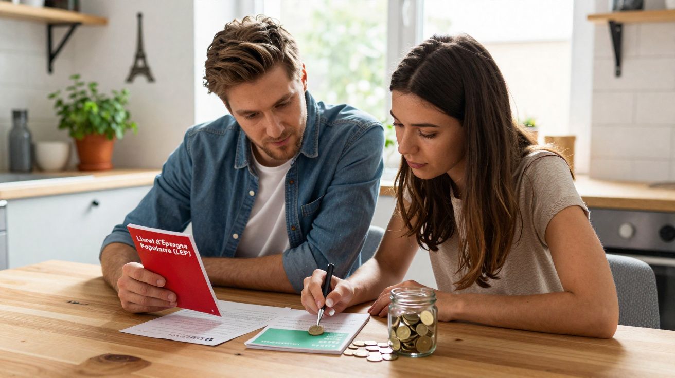 Casal jovem sentado à mesa a planear finanças domésticas com moedas e documentos.