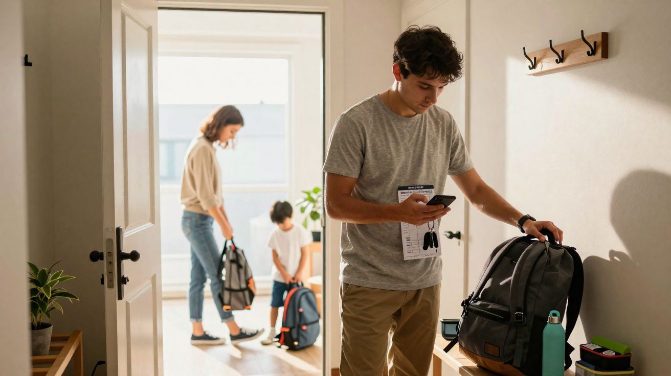 Homem a preparar mochila enquanto mulher e criança arrumam mochilas em casa iluminada.