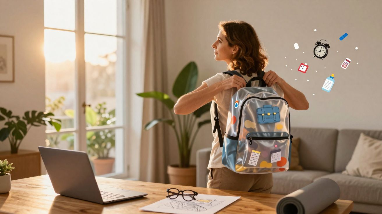 Mulher jovem veste uma mochila transparente num quarto iluminado com laptop e plantas visíveis.