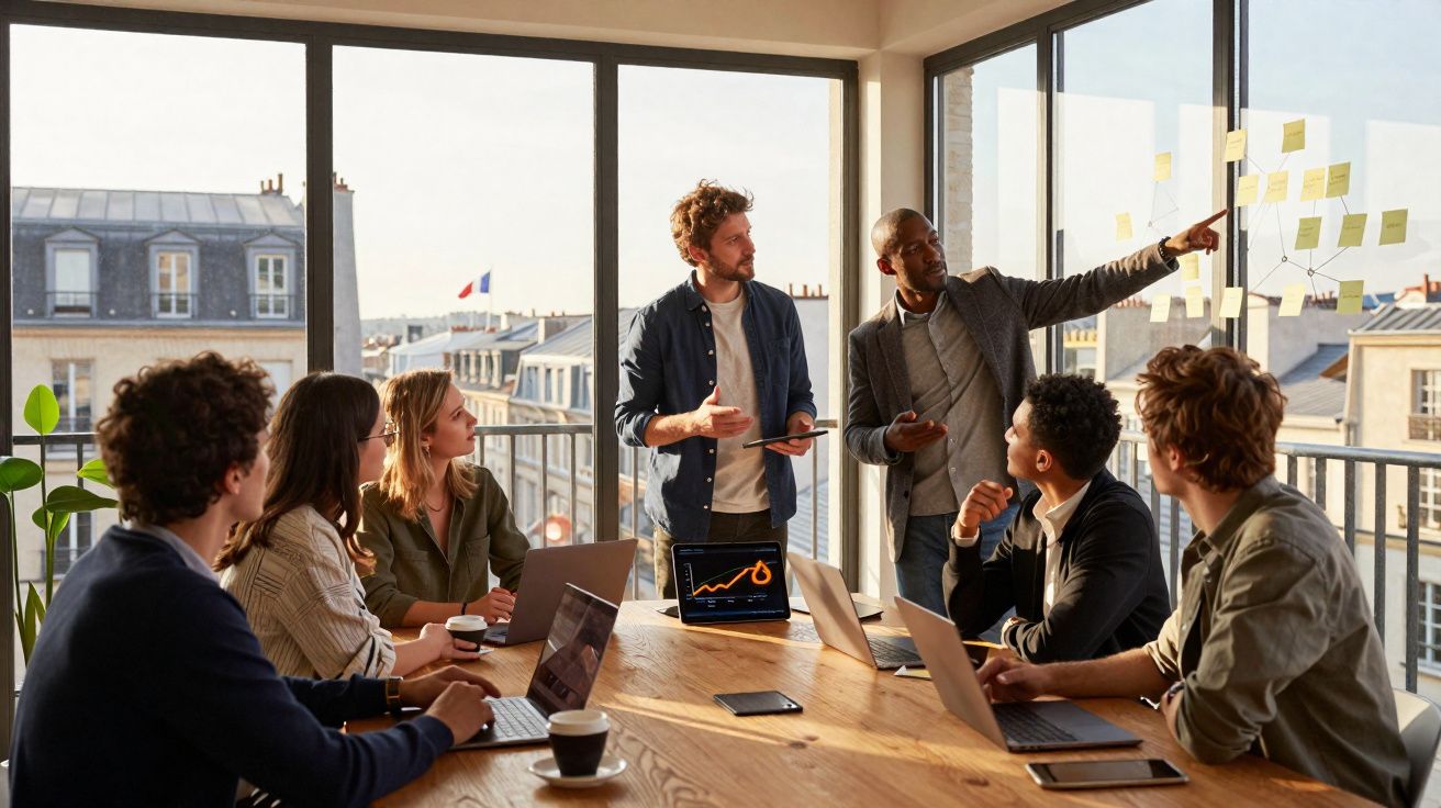 Grupo de seis pessoas em reunião de trabalho com laptops, discutindo notas em janelas grandes com vista urbana.