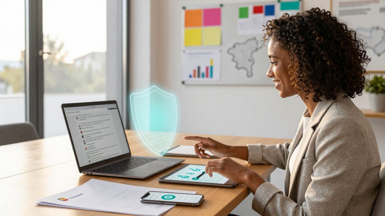 Mulher a trabalhar com laptop, tablet e telemóvel, com ícone holográfico de escudo de proteção digital na mesa.