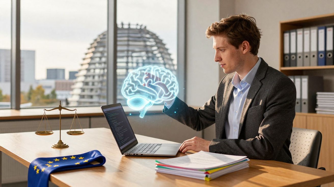 Homem de fato sentado em escritório a interagir com holograma de cérebro 3D ao lado de portátil.