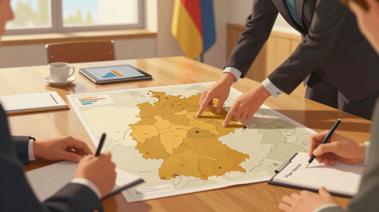 Pessoas em reunião a analisar e apontar para um mapa geográfico sobre a mesa, com gráficos e anotações.