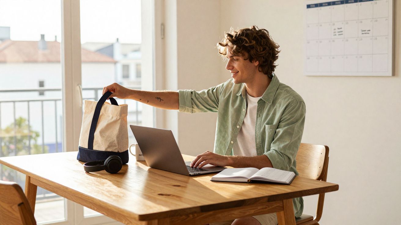 Jovem a trabalhar num computador portátil numa mesa de madeira, com caderno aberto e calendário na parede.