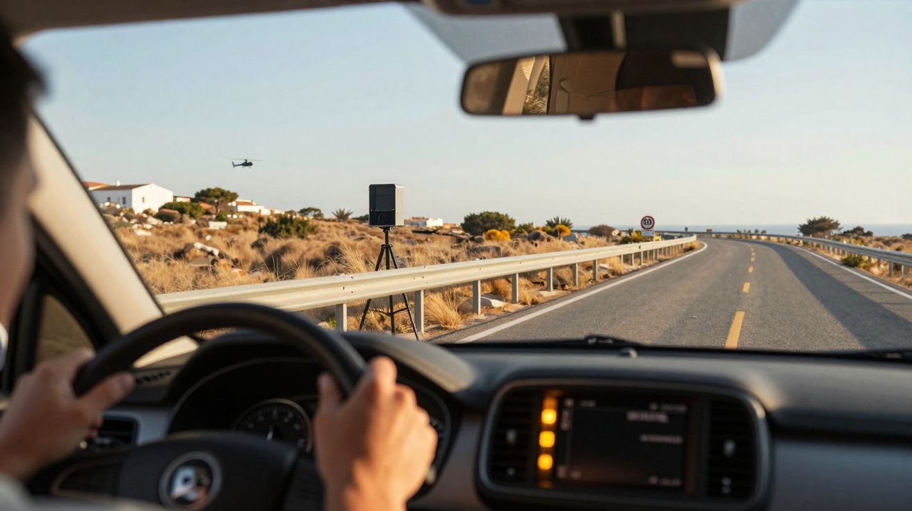 Interior de um carro com vista para uma estrada reta e um helicóptero ao longe num cenário árido.