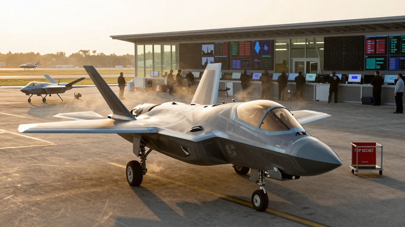 Avião militar furtivo estacionado no chão com pessoal e painéis de controlo em hangar ao fundo.