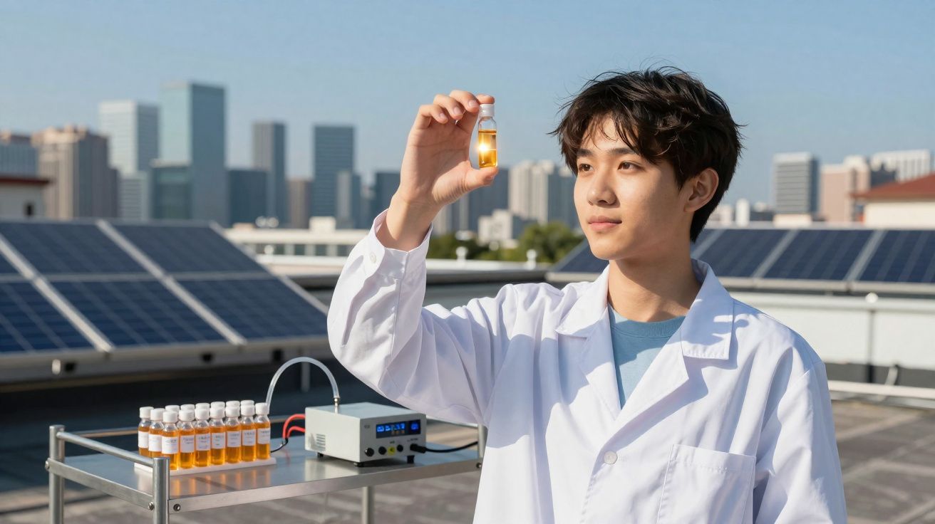 Jovem cientista com bata branca analisa amostra líquida laranja ao ar livre com painéis solares ao fundo.