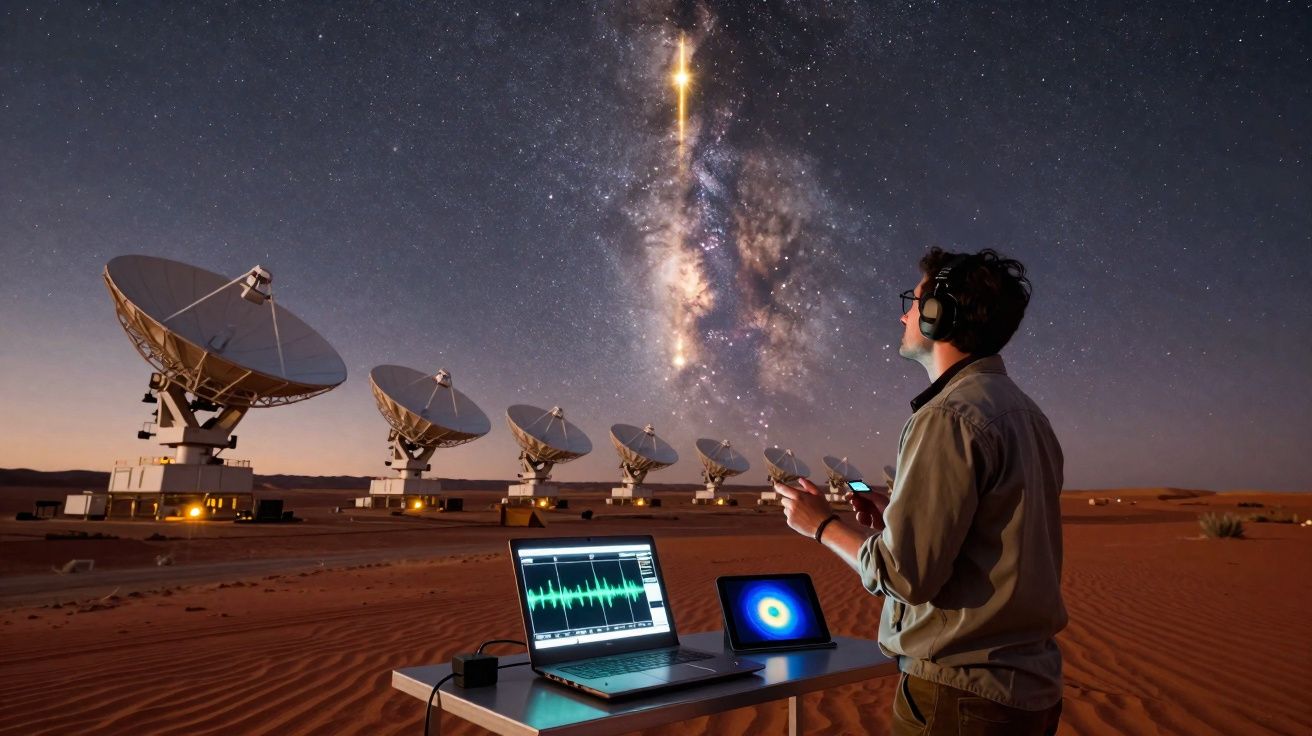 Homem com auscultadores controla sinais de rádio junto a antenas parabólicas sob céu estrelado no deserto.